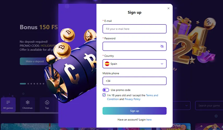 Proces de registración en CryptoBoss casino